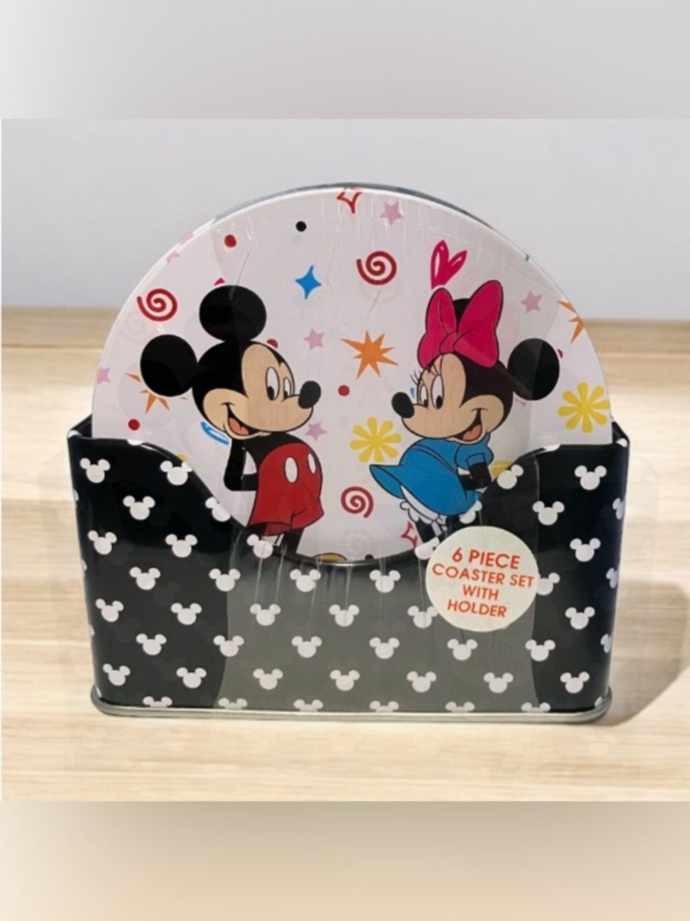 NEW Disney Mickey & Minnie Mouse 6 Piece Tin Coaster Set With Holder Cork Bottom